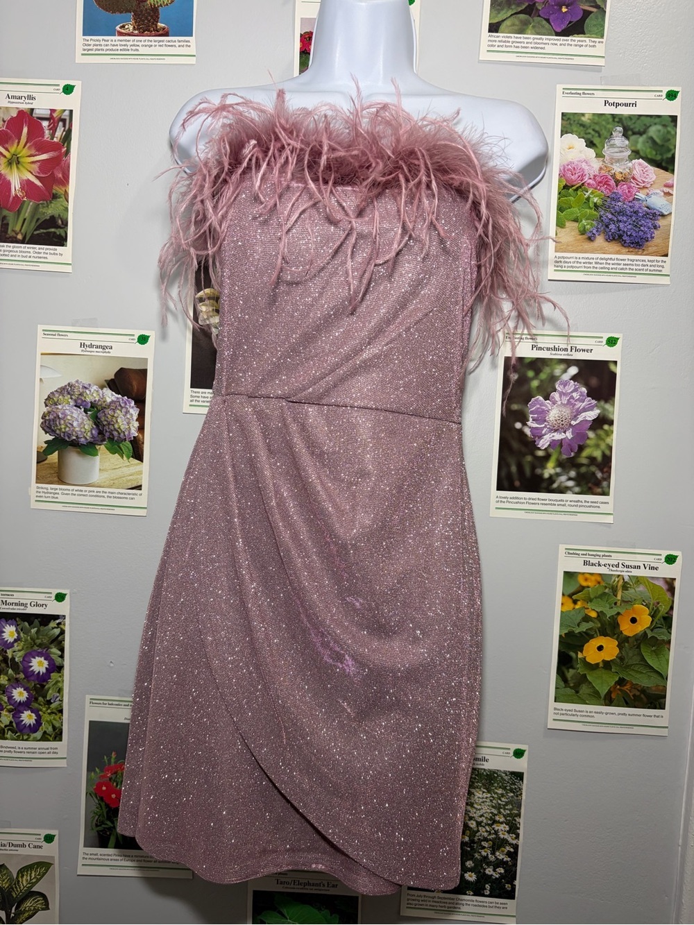 Speechless Dusty Rose Strapless Feather-Trim Glitter Dress